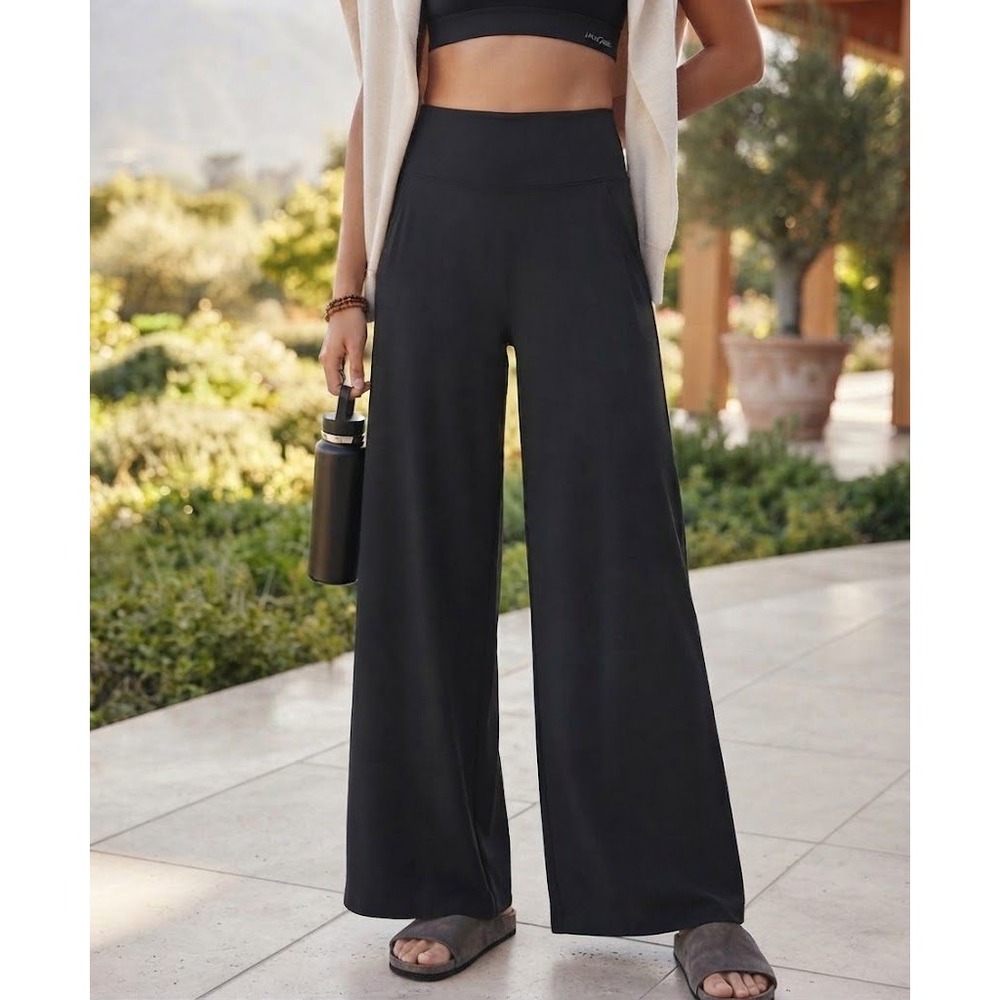KiraGrace Women Large Wide Leg Yoga Pants Black Athleisure Loungewear Minimalist